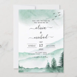 Mountain Rustic Watercolor Greenery Bröllop Invita Inbjudningar