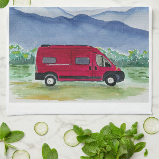 Mountain Scene Van Life Kitchen Towel Red Van Kökshandduk