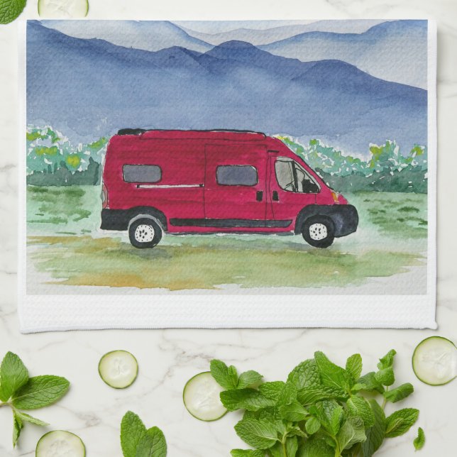 Mountain Scene Van Life Kitchen Towel Red Van Kökshandduk (Vikta)