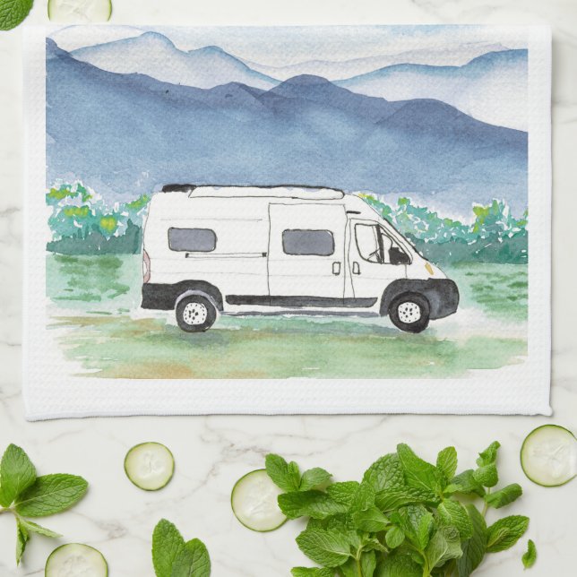 Mountain Scene Van Life Kitchen Towel White Van Va Kökshandduk (Vikta)