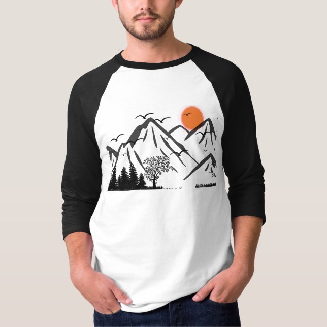 Mountain Silhouette with Flying Birds T Shirt (Framsida)