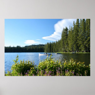 Mountain Sjö, Canoe, Wildblommor Poster