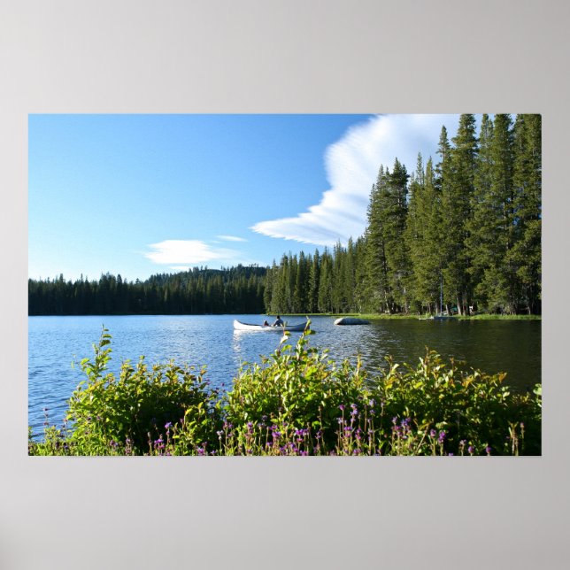 Mountain Sjö, Canoe, Wildblommor Poster (Framsidan)