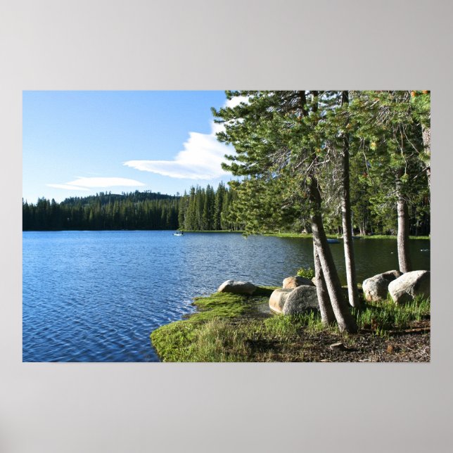 Mountain Sjö, Gräs Träd, Boat Poster (Framsidan)