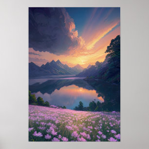 Mountain Sjö Sunset Poster