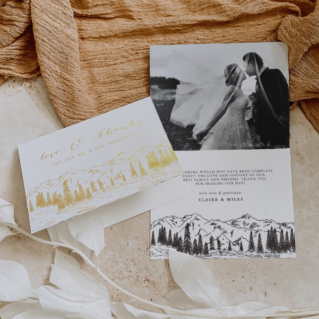 Mountain Sketch Bröllop Tack Folierat Kort (Skapare uppladdad)