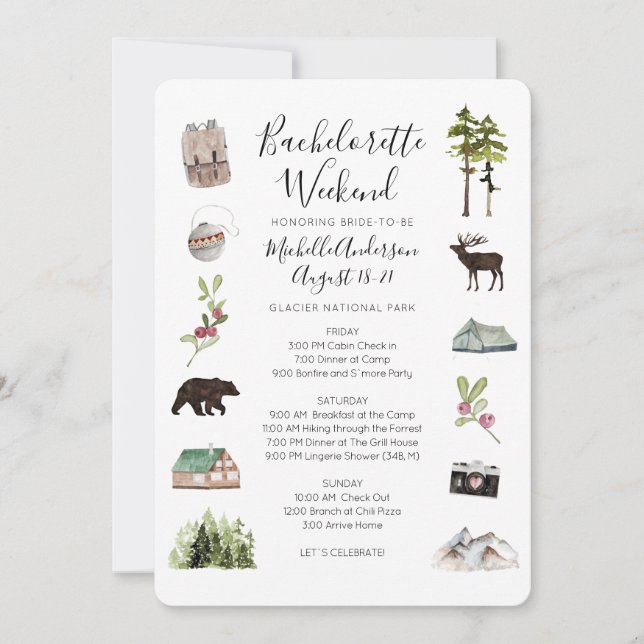 Mountain Skogen Bachelorette Helg Itinerary Inbjudningar (Framsida)