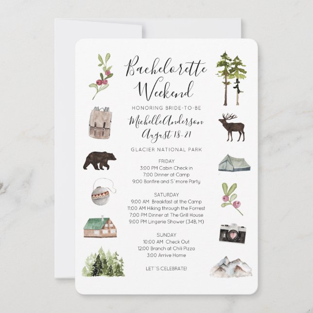 Mountain Skogen Bachelorette Helg Itinerary Invi Inbjudningar (Framsida)