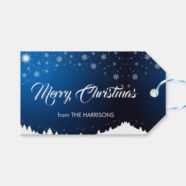 Mountain Snowy Night God jul Presentetikett (Framsidan (Horisontell))