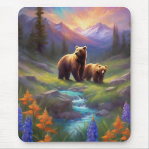 Mountain Stream Bear Wildblommor Sunrise Painting Musmatta
