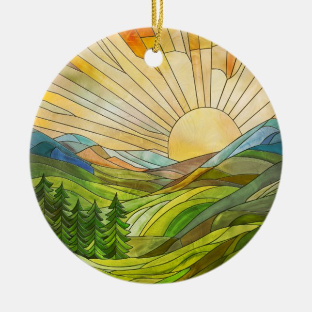 Mountain Sunrise Mosaic Digital Art Julgransprydnad Keramik (Framsidan)