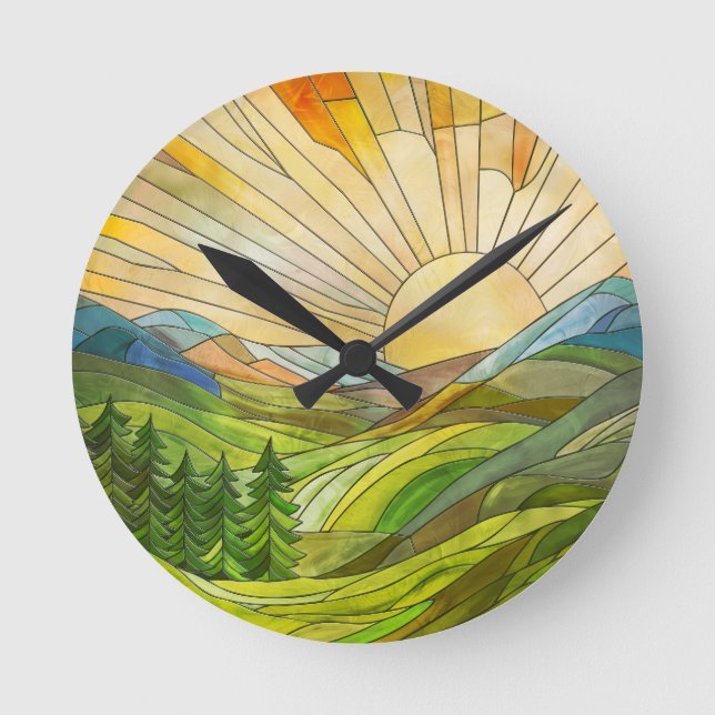 Mountain Sunrise Mosaic Digital Art Rund Klocka (Framsida)