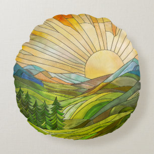 Mountain Sunrise Mosaic Digital Art Rund Kudde
