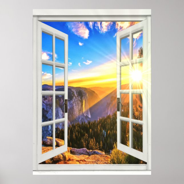 Mountain Sunrise View Trompe l'oeil Faux Window Poster (Framsidan)