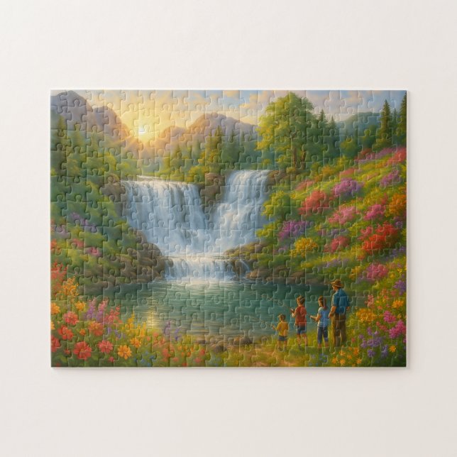 Mountain Sunrise Waterfall Puzzle – Family Fishing Pussel (Horisontell)