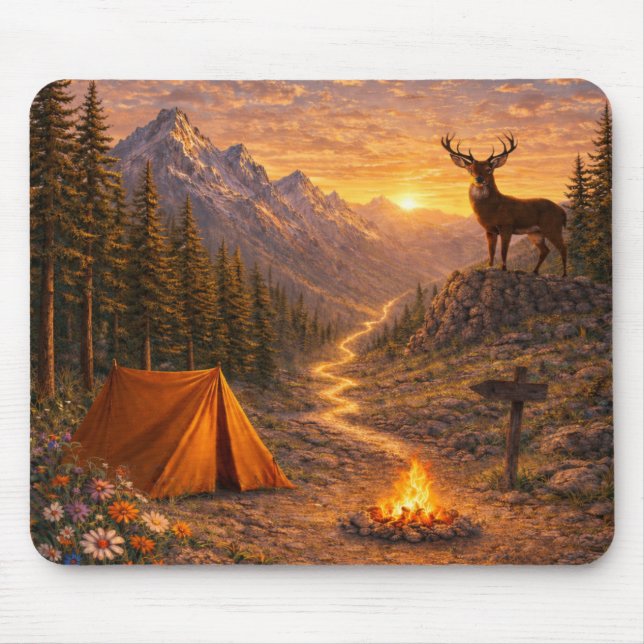 Mountain Sunset Deer Campsite Mouse Pad Musmatta (Framsidan)