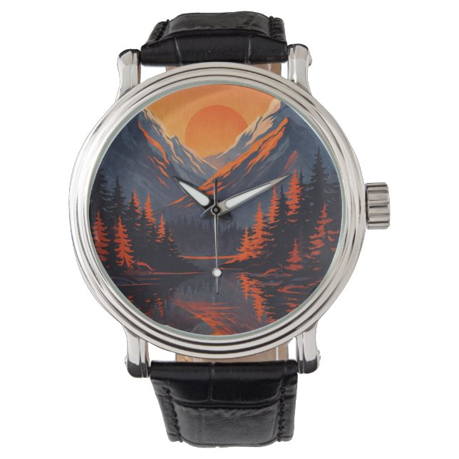 Mountain Sunset Reflection Fiery Orange Sky  Armbandsur (Framsida)