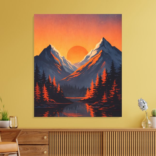 Mountain Sunset Reflection Fiery Orange Sky  Canvastryck (Insitu (Vardagsrum))