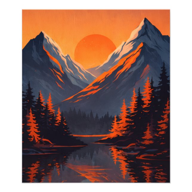 Mountain Sunset Reflection Fiery Orange Sky  Fototryck (Framsidan)