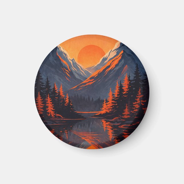 Mountain Sunset Reflection Fiery Orange Sky  Magnet (Framsidan)