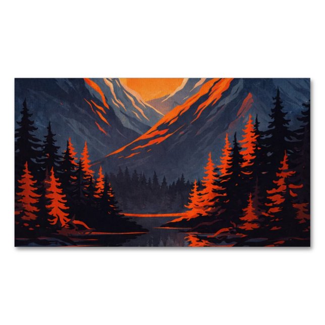 Mountain Sunset Reflection Fiery Orange Sky  Magnetiska Visitkort (Framsida)