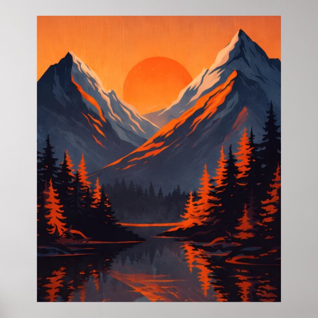 Mountain Sunset Reflection Fiery Orange Sky  Poster (Framsidan)