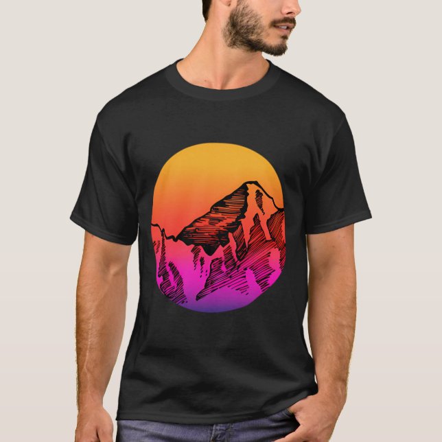 Mountain Sunset Silhouette Pencil Art T Shirt (Framsida)