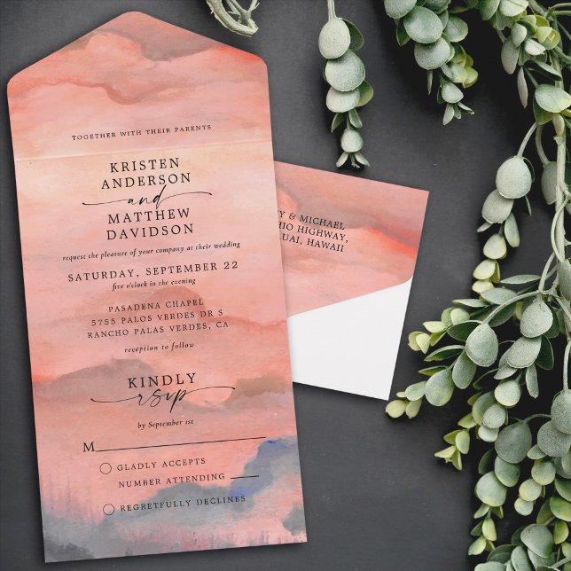 Mountain Sunset Watercolor Bröllop (All in One Mountain Sunset wedding invitation. Includes invite & rsvp. Perfect destination invite.)