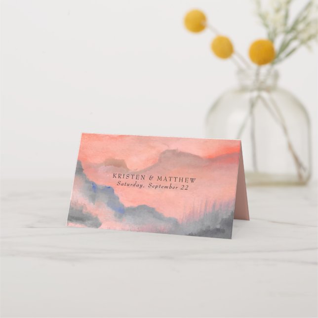 Mountain Sunset Watercolor Rustic Bröllop Placeringskort (Baksida)