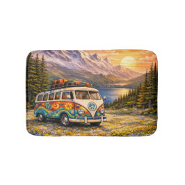 Mountain Sunset Wildflowers Retro Hippie Van Life Badrumsmatta