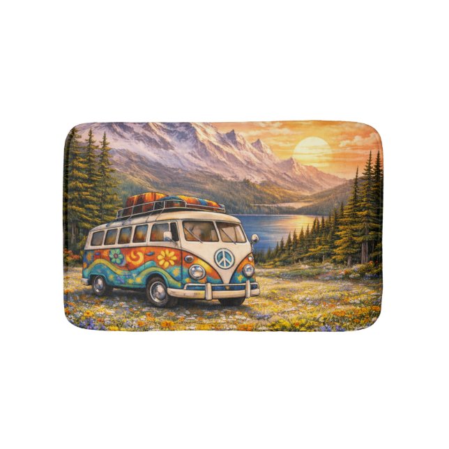 Mountain Sunset Wildflowers Retro Hippie Van Life Badrumsmatta (Framsidan)