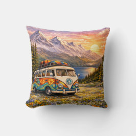 Mountain Sunset Wildflowers Retro Hippie Van Life Kudde