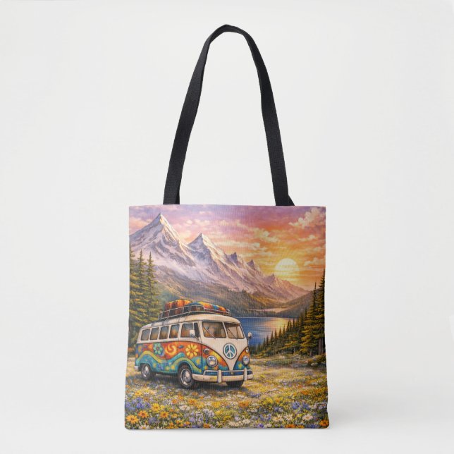 Mountain Sunset Wildflowers Retro Hippie Van Life Tygkasse (Framsida)