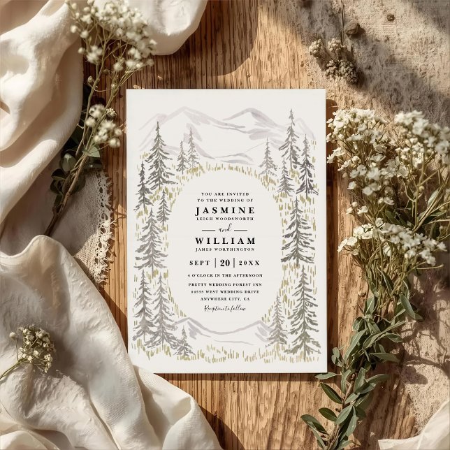 Mountain Trees Forest Rustic QR Code Wedding Inbjudningar (Skapare uppladdad)