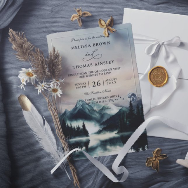 Mountain Trees Pine Rustic Budget QR Code Wedding Inbjudningar (Skapare uppladdad)