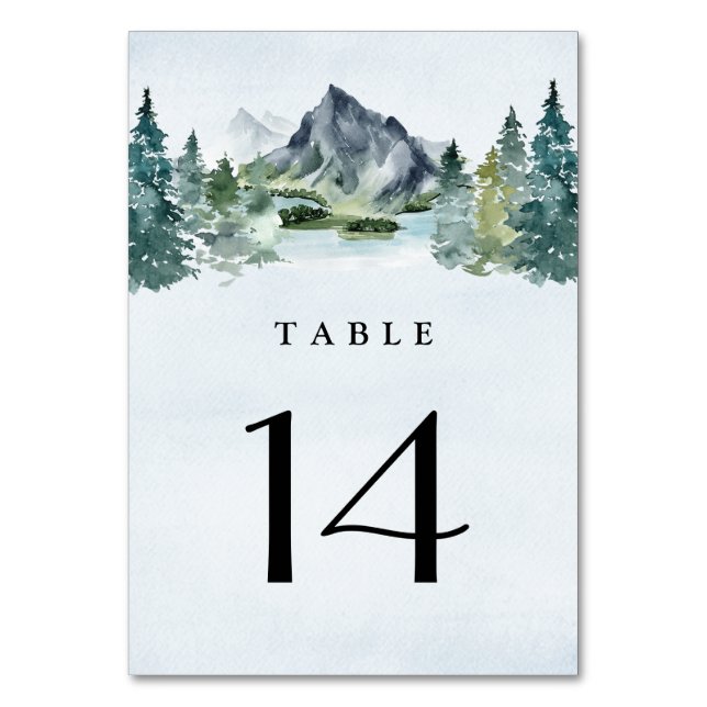 Mountain Watercolor Evergreen Rustic Träd Bröllop Bordsnummer (Framsidan)
