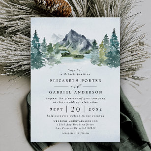 Mountain Watercolor Evergreen Rustic Träd Bröllop Inbjudningar