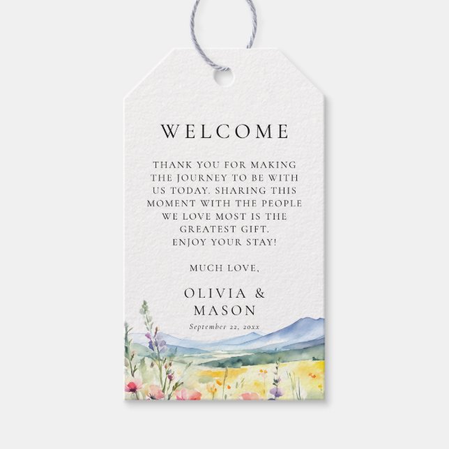 Mountain Wildflowers Meadow Modern Wedding Presentetikett (Framsidan)