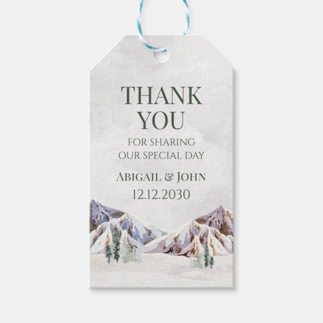 Mountain Winter Snowy Forest Wedding Thank You Presentetikett (Framsidan)