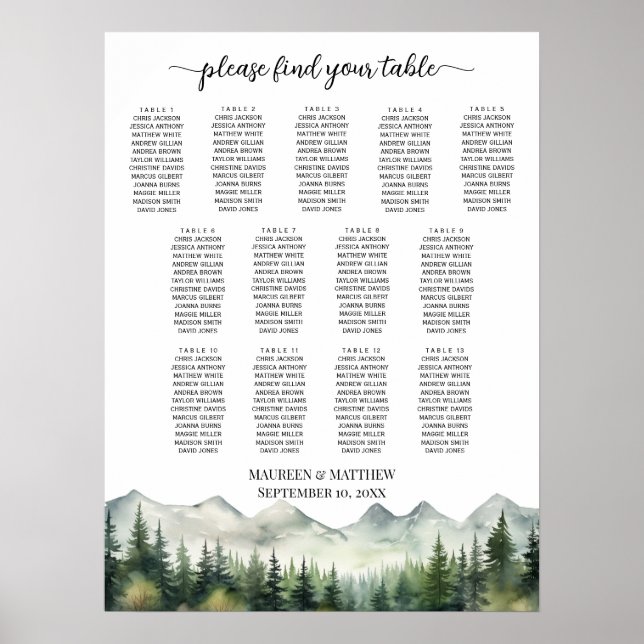 Mountains and Pines 13 Tables Wedding Seating Poster (Framsidan)