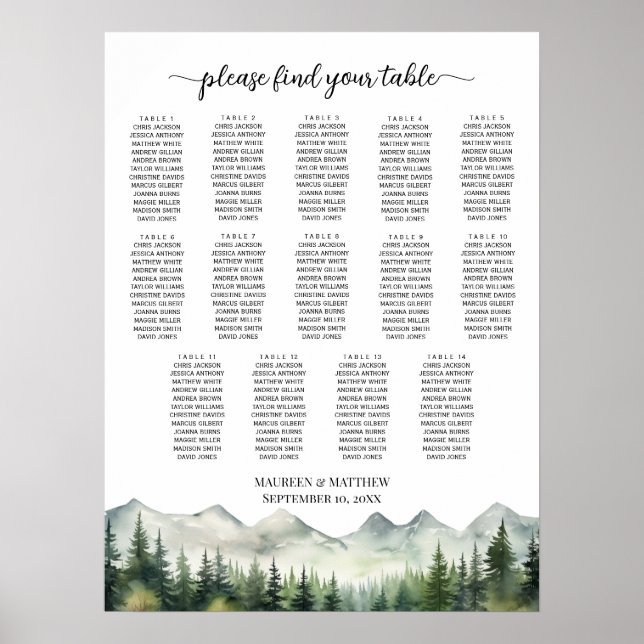 Mountains and Pines 14 Tables Wedding Seating Poster (Framsidan)