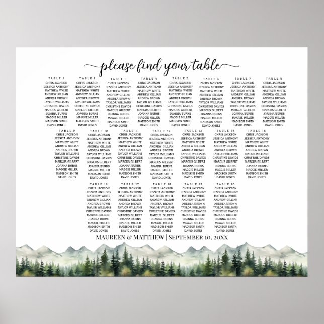 Mountains and Pines 20 Tables Wedding Seating Poster (Framsidan)