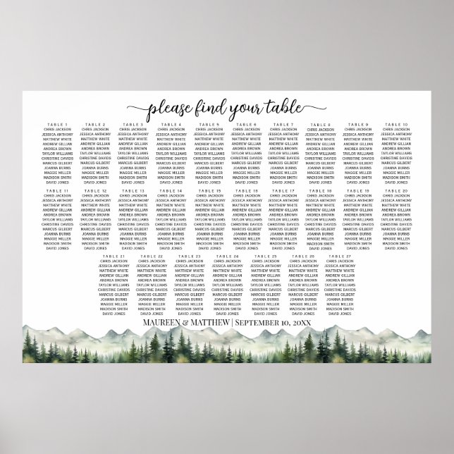 Mountains and Pines 27 Tables Wedding Seating Poster (Framsidan)