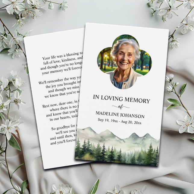Mountains and Trees Memorial Photo Prayer Card Visitkort (Skapare uppladdad)