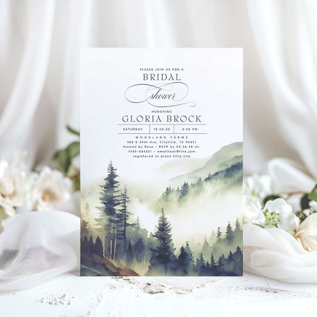 Mountains Forest Fog Evening Boho Möhippa Inbjudningar (Mountains and Forests Bridal Shower Invitations)