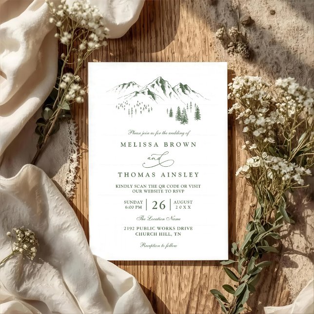 Mountains Forest Trees Pine Rustic QR Code Wedding Inbjudningar (Skapare uppladdad)