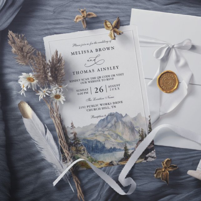 Mountains lake Rustic Elegant QR Code Wedding Inbjudningar (Skapare uppladdad)