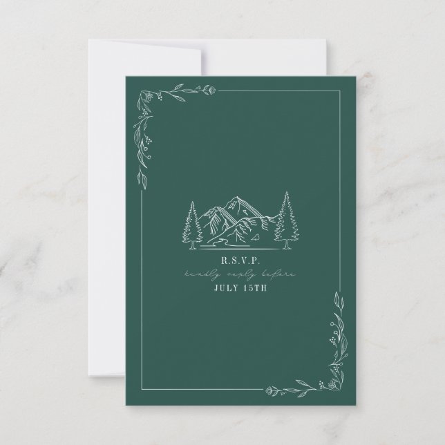 Mountains Line Art Emerald Bröllop OSA Card Kort (Framsida)