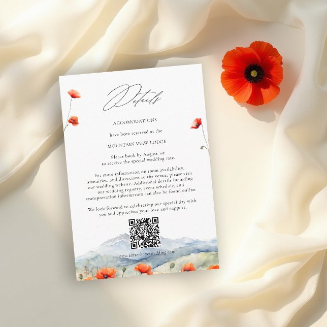 Mountains Meadow Sommar Vallmo Bröllopsdetaljer Tilläggskort (wildflower wedding details card mountain outdoors rustic red poppy meadow watercolor elegant design)