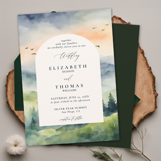 Mountains Sunrise Dream Boho Ram Bröllop Inbjudningar (mountains wedding invitation romantic sunrise rustic outdoors forest pine birds landscape boho frame)